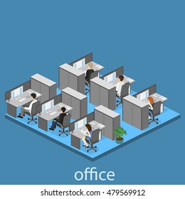 Flat 3d isometric abstract office floor interior departments concept vector. interior of room