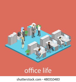 Flat 3d isometric abstract office floor interior departments concept vector. interior of room
