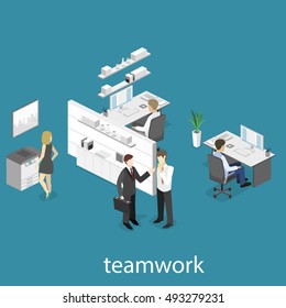 Flat 3d isometric abstract office floor interior departments concept. Set of isometric business people , info graphic vector design