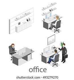 Flat 3d isometric abstract office floor interior departments concept. Set of isometric business people , info graphic vector design