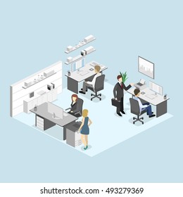 Flat 3d isometric abstract office floor interior departments concept. Set of isometric business people , info graphic vector design