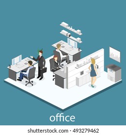 Flat 3d isometric abstract office floor interior departments concept. Set of isometric business people , info graphic vector design