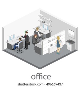 Flat 3d isometric abstract office floor interior departments concept. Set of isometric business people , info graphic vector design