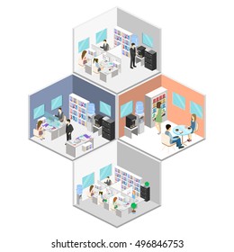 Flat 3d isometric abstract office floor interior departments concept vector. People working in offices.