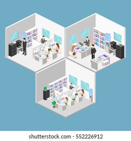 Flat 3d isometric abstract office floor interior departments concept vector. People working in offices.