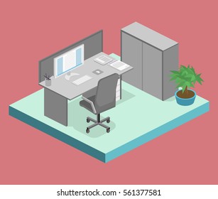 Flat 3d isometric abstract office floor interior departments concept vector. illustration of office