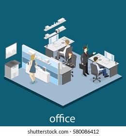 Flat 3d isometric abstract office floor interior departments concept. Set of isometric business people , info graphic vector design