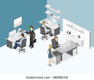 Flat 3d isometric abstract office floor interior departments concept. Set of isometric business people , info graphic vector design
