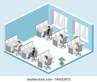 Flat 3d isometric abstract office floor interior departments concept vector.
