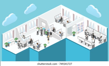 Flat 3d Isometric Abstract Office Floor Interior Departments Concept Vector.