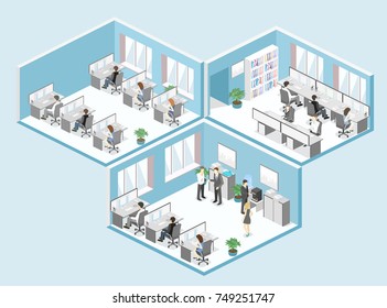 Flat 3d isometric abstract office floor interior departments concept vector.