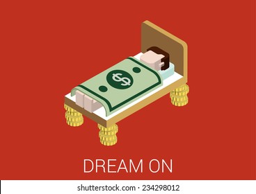 Flat 3d isometric abstract sweet richness prosperity millionaire money dreams web concept vector icon. Prosperous man sleeping in bed with coin legs covered with US dollar banknote blanket.