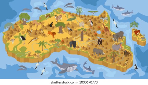 Flat 3d isometric Africa flora and fauna map constructor elements. Animals, birds and sea life isolated on white big set. Build your own geography infographics collection. Vector illustration