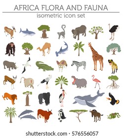 Flat 3d isometric Africa flora and fauna map constructor elements. Animals, birds and sea life isolated on white big set. Build your own geography infographics collection. Vector illustration