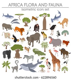 Flat 3d isometric Africa flora and fauna map constructor elements. Animals, birds and sea life isolated on white big set. Build your own geography infographics collection. Vector illustration