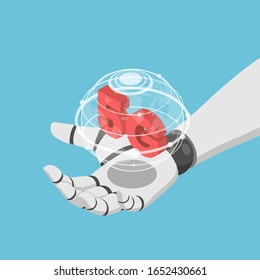 Flat 3d isometric Ai artificial intelligence robot hand holding virtual wolrd and 5g icon. 5G network wireless systems and IoT internet of thing concept.