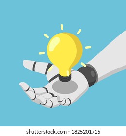 Flat 3d isometric Ai artificial intelligence robot hand holding shining lightbulb.  Ai artificial intelligence and idea concept.