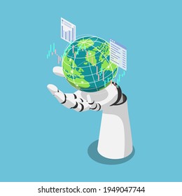 Flat 3d Isometric Ai Artificial Intelligence Analysis Stock Market Data Around The World. AI Machine Learning Concept.