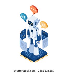 Flat 3d Isometric AI Chatbot or Robot on Computer Chip. Machine Learning and Artificial Intelligence Technology Concept.