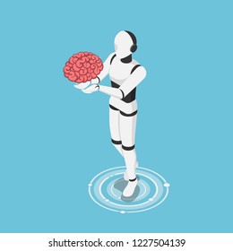 Flat 3d isometric ai robot holding human brain. Artificial intelligence technology and machine learning concept.