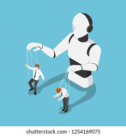 Flat 3d isometric Ai robot controlling businessman like a puppet. Artificial intelligence technology concept.