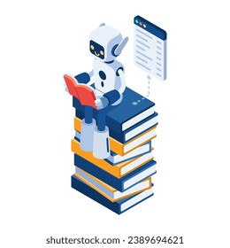 Flat 3d Isometric Ai Robot Reading on Stack of Books. Machine Learning and Artificial Intelligence Concept.