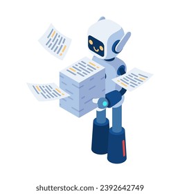 Flat 3d Isometric Ai Robot Carrying Stack of Paperwork. AI Artificial Intelligence Take Over Human Job and File Management Concept.