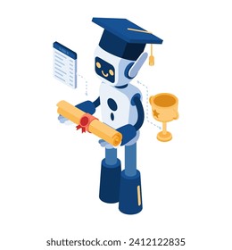 Flat 3d Isometric AI Robot mit Graduationskap und Diploma. Konzept für künstliche Intelligenz und maschinelles Lernen.