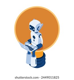 Robot de aire isométrico 3d plano dentro de la bombilla. Aprendizaje automático y concepto de inteligencia artificial