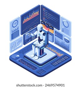 Flat 3d Isometric Ai Robot Analyzing Complex Financial Data. Artificial Intelligence and Machine Learning Concept.