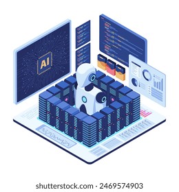 Flat 3d Isometric Ai Robot in Server Room with Data Analytics. AI Data Center Automation Concept