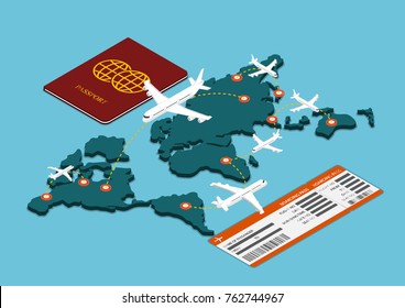 Flat 3d isometric air travel transportation with passport and boarding pass.