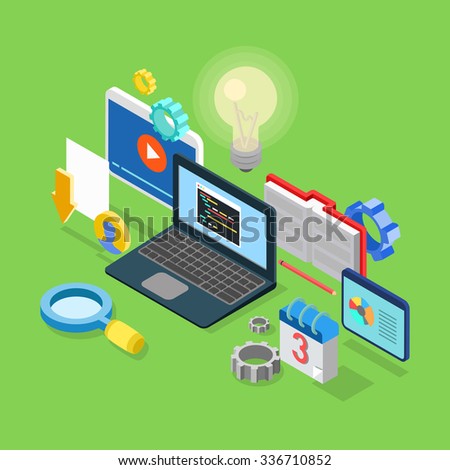 Flat 3d isometric application software coding development code programming process concept web infographics vector illustration. Collage laptop program text interface cog wheel calendar schedule idea.