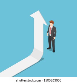 Flat 3d isometric the arrow turn up when it met businessman. Business success and leadership concept.