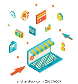 flat 3d isometric art modern design concept vector icons. Icons for mobile marketing and online shopping