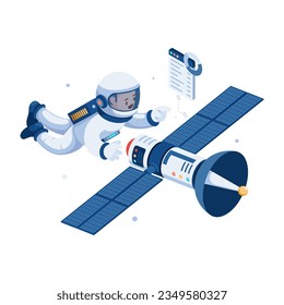 Flat 3d Isometric Astronaut in Space Suit Repair Broken Satellite. Space Technology and Astronomy Concept.