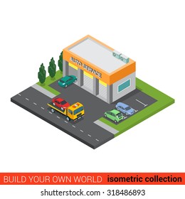 Flat 3d isometric auto car repair service building block infographic concept. Small business three services boxes and rescue tow truck street road parking. Build your own infographics world collection