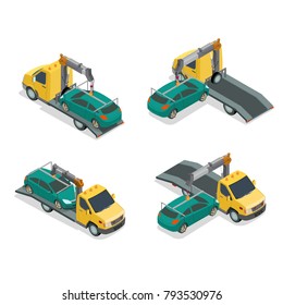 Flat 3d isometric auto car Tow truck 3d front back view infographics. Recovery vehicle repair service concept. Wrecker breakdown lorry loading and transportation