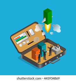 Flat 3d isometric bag to success web infographics concept. Business on big bag step way idea work plan promotion success. Creative people collection.