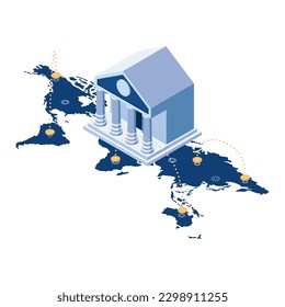 Flat 3d Isometric Bank Building on World Map with Global Money Transfer. Global Banking and World Wide Money Transfer Concept.