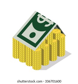 Flat 3d isometric bank building money concept web infographics vector illustration. Coin stacks and dollar banknote as roof banking finance financial conceptual website banner image.