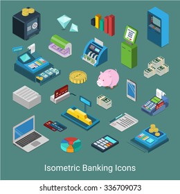 Flat 3d isometrische Banking Finanz Icon Set Konzept Web-Infografik Vektorgrafik. Bank-Finanzierung Geld-Safe Gold Bar Bargeld Kasse Schalter ATM Kreditkarte Verarbeitung Diamanten-Scheckterminal