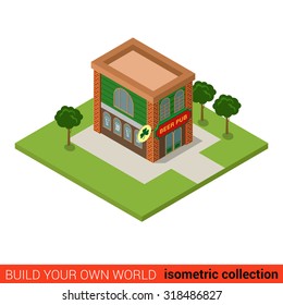 Flat 3d isometric beer pub building block infographic concept. Bar tavern public house ordinary ivy bush. Build your own infographics world collection.