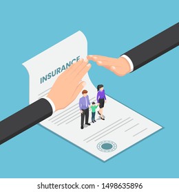 Flat 3d isometric big businessman hand protect the family that standing on insurance document. Family and health insurance services concept.