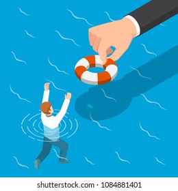 Flat 3d isometric big hand giving a lifebuoy to help businessman. Helping business to survive concept.