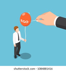 Flat 3d isometric big hand use needle to destroy ego balloon of businessman. Ego concept.