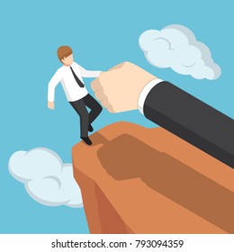 Flat 3d isometric big hand help businessman not to fall off the cliff. Business help and support concept.