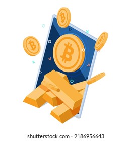 Flat 3d Isometrisches Bitcoin mit Gold Bar Inside Smartphone. Bitcoin wird oft als Digital Gold bezeichnet. Cryptowährung und Blockchain Technology Concept.