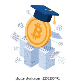 Flat 3d Isometric Bitcoin with Graduate Cap on Stack of Paper. Bitcoin Education and Learn How to Trade Cryptocurrency Concept.