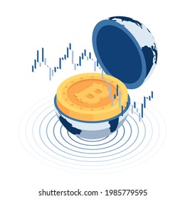 Bitcoin isométrico plano en 3d dentro del globo mundial con carta de candelabros del mercado de valores.  Concepto de criptodivisa y cadena de bloqueo.